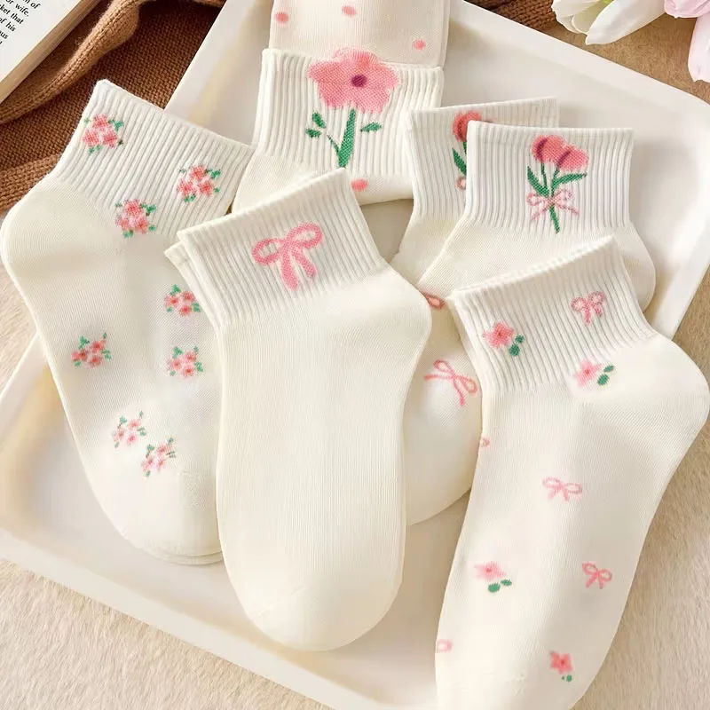 5 Pairs Girls Socks Cute Small Floral Pattern Bow Flower Comfortable Breathable Kids Socks