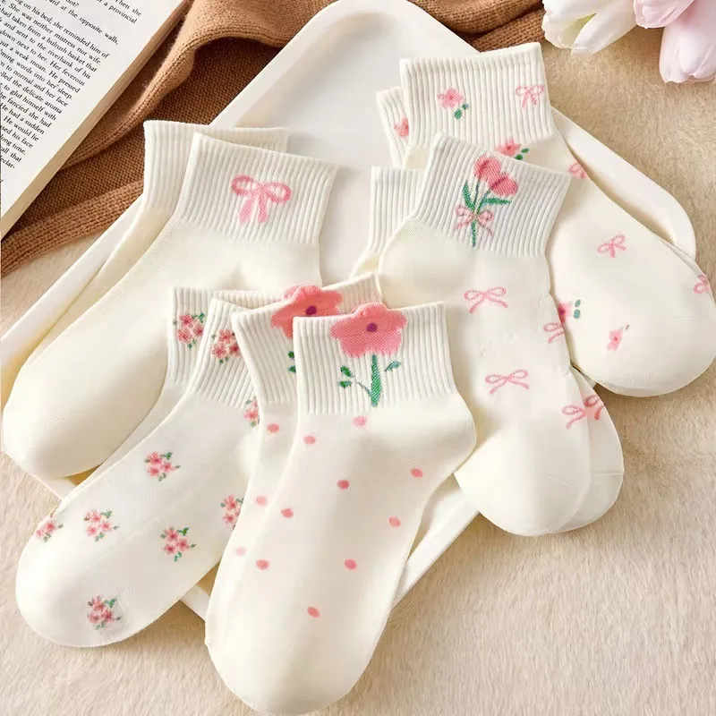 5 Pairs Girls Socks Cute Small Floral Pattern Bow Flower Comfortable Breathable Kids Socks