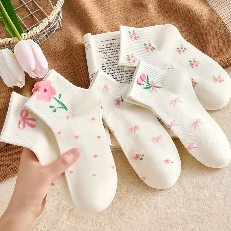 5 Pairs Girls Socks Cute Small Floral Pattern Bow Flower Comfortable Breathable Kids Socks