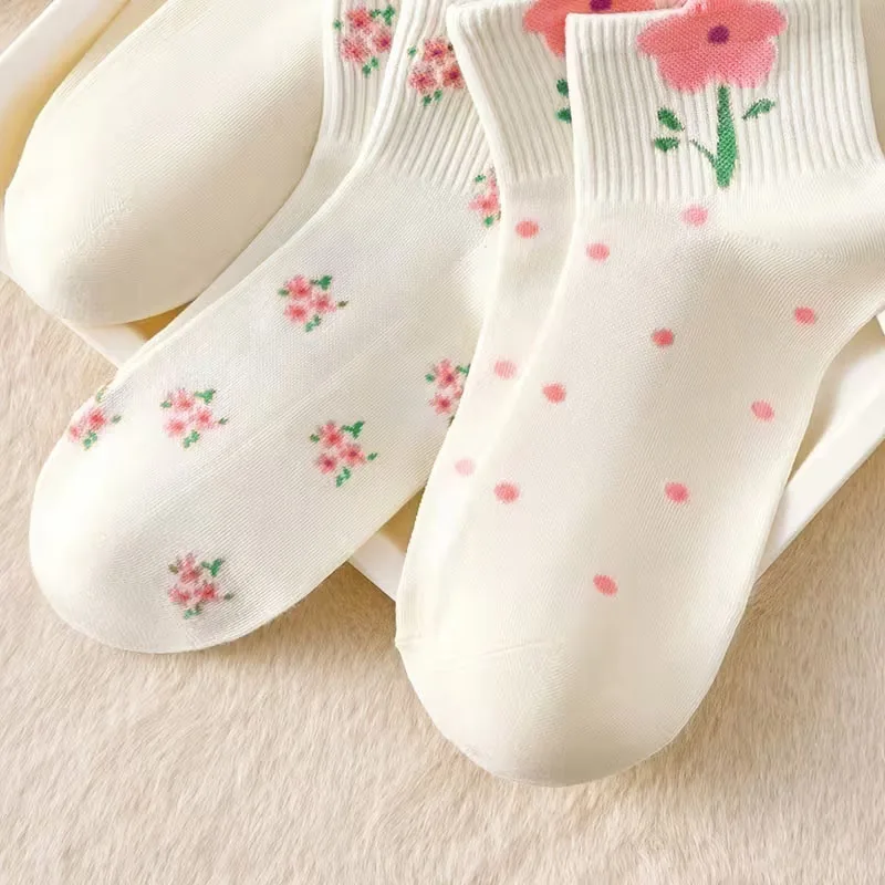 5 Pairs Girls Socks Cute Small Floral Pattern Bow Flower Comfortable Breathable Kids Socks