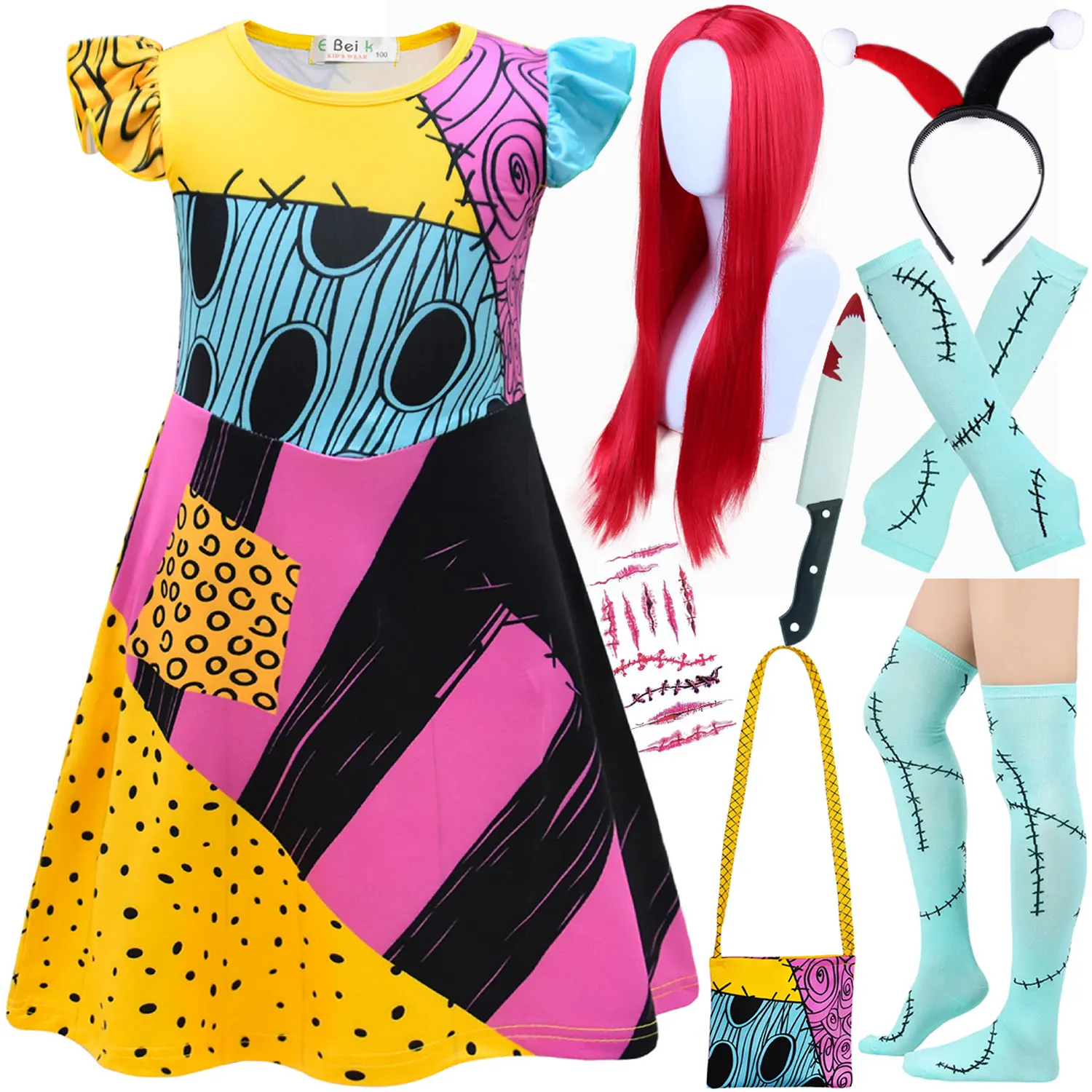 2026 Halloween Christmas Eve Kids Cosplay Scary Ghost Bride Sally Short Sleeves Dress Striped Character Dress Up Costume Suit