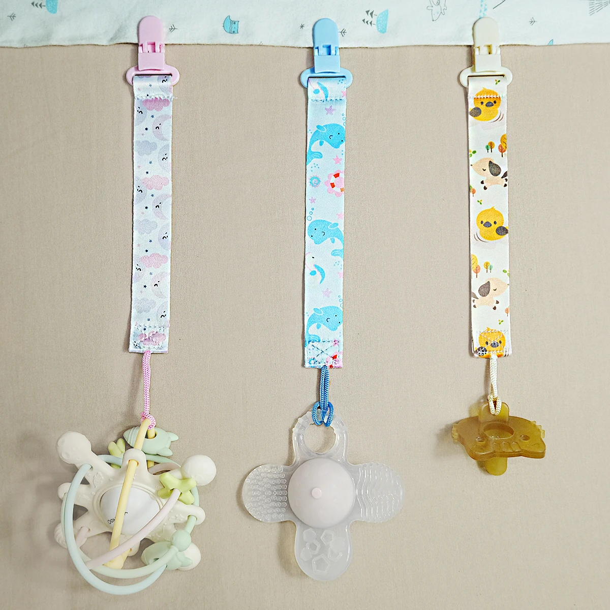 3PCS cartoon Printed baby Pacifier to Prevent Chain Dropping; baby Gum Toy Anti-Fall Rope Hanging Rope, Bottle and Nipple Clip