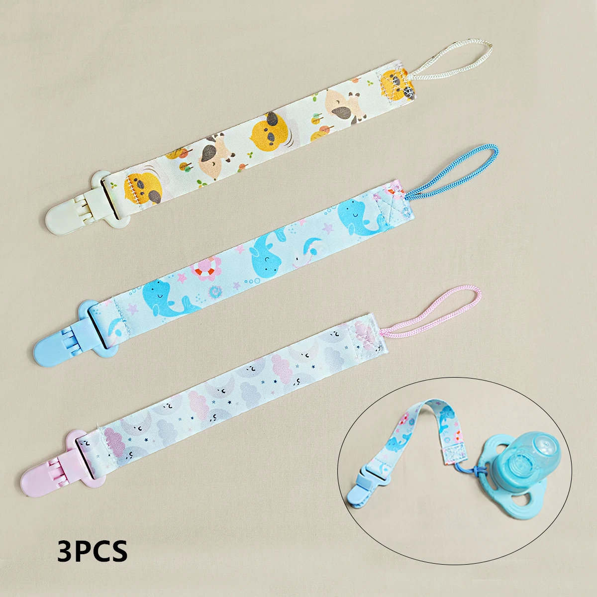3PCS cartoon Printed baby Pacifier to Prevent Chain Dropping; baby Gum Toy Anti-Fall Rope Hanging Rope, Bottle and Nipple Clip