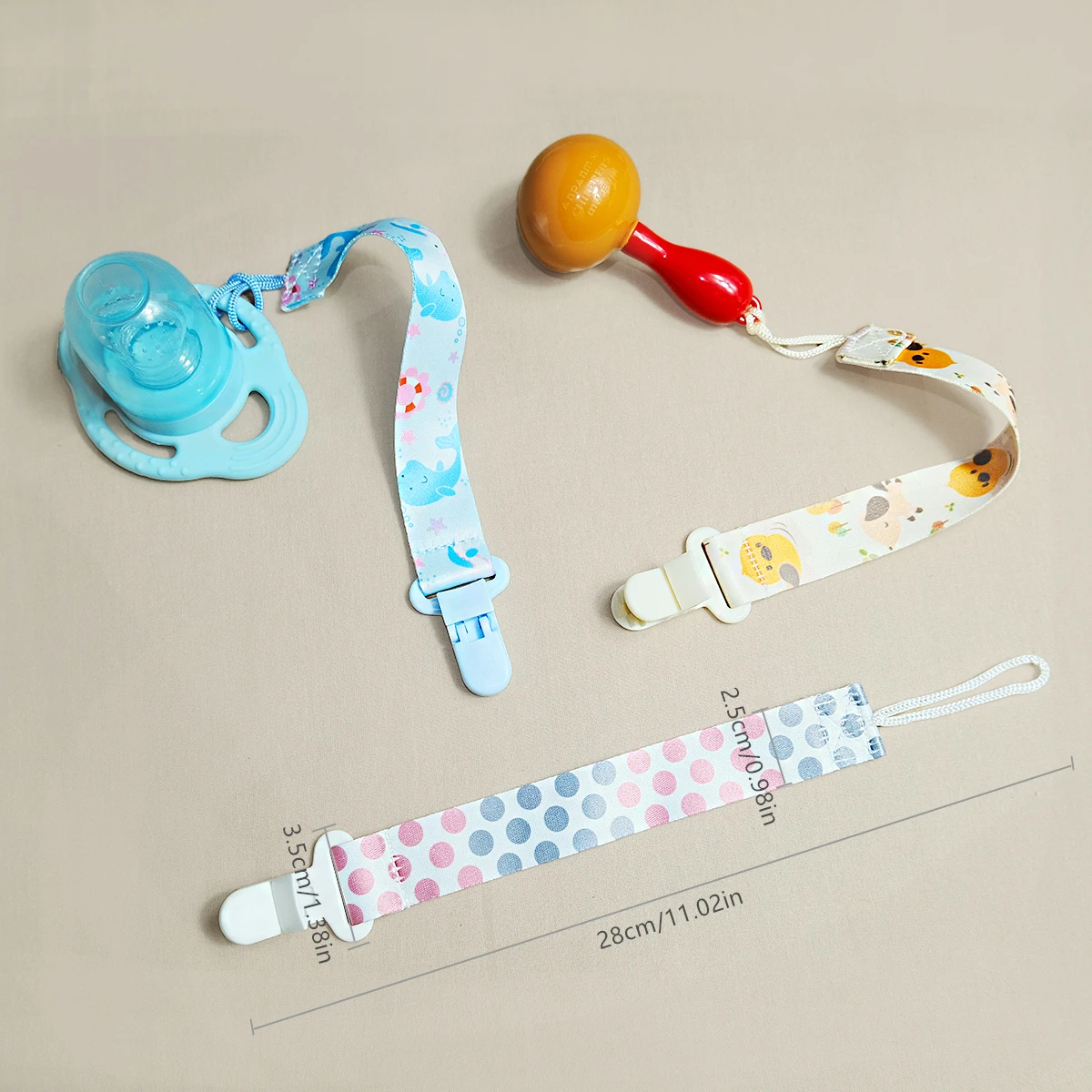 3PCS cartoon Printed baby Pacifier to Prevent Chain Dropping; baby Gum Toy Anti-Fall Rope Hanging Rope, Bottle and Nipple Clip