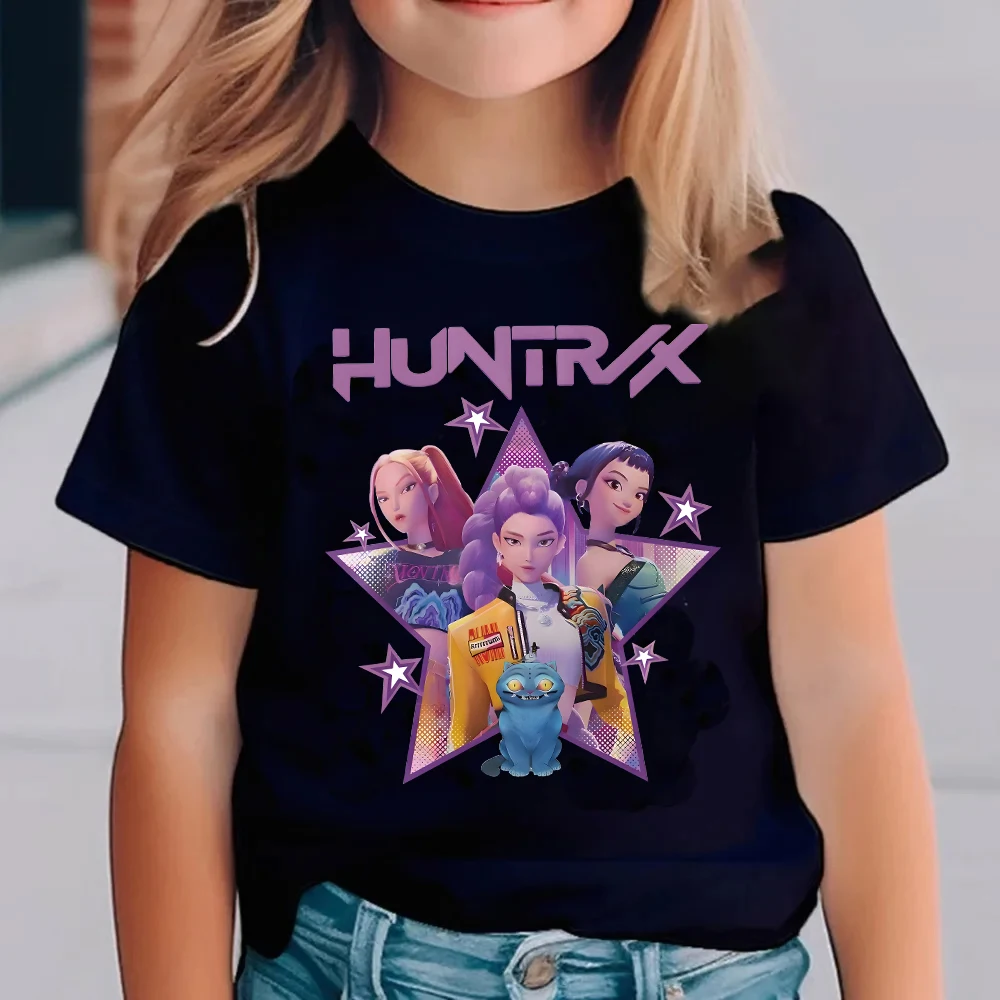 Kids Cartoon Character Print T Shirt Girls HUNTRX Star Graphic Short Sleeve Tees Children Casual Cotton Summer Daily Wear Outfit