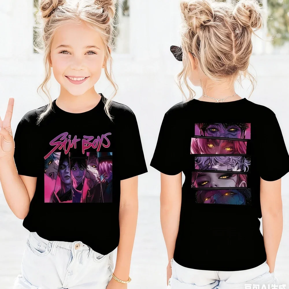 Kids Cartoon Character Print T Shirt Girls HUNTRX Star Graphic Short Sleeve Tees Children Casual Cotton Summer Daily Wear Outfit