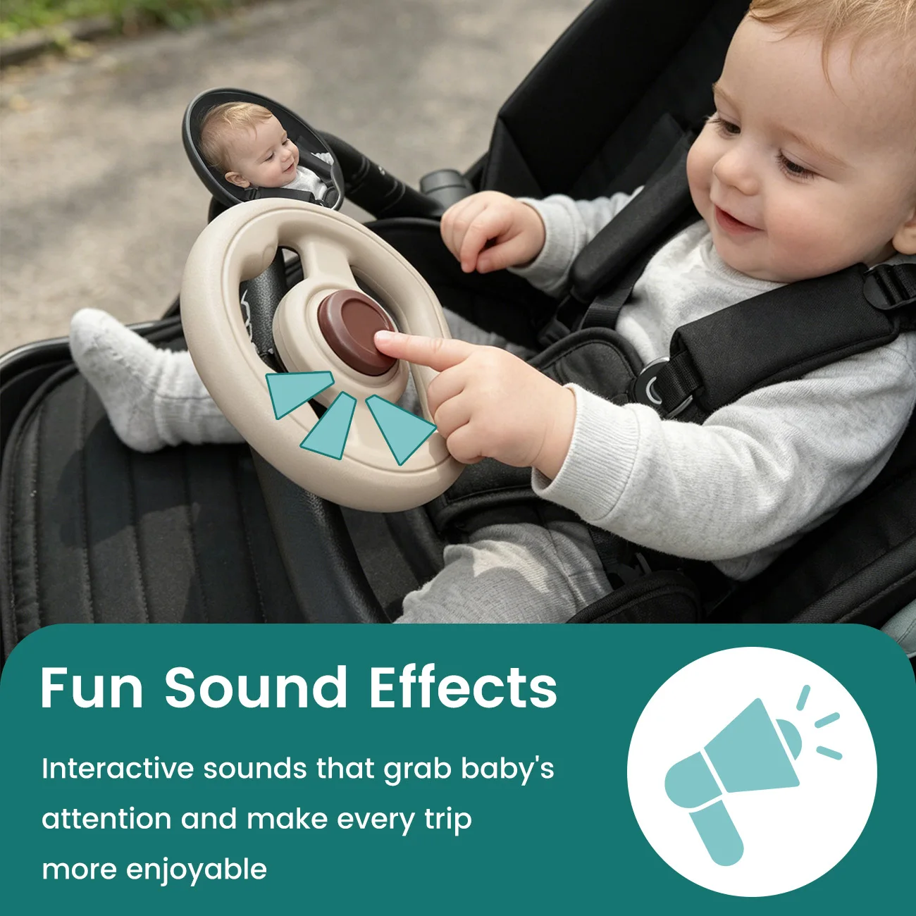 2Pcs Baby Stroller Steering Wheel and Adjustable Stroller Mirror Set, 360 Rotation Pretend Driving Toy with Horn Sound,
