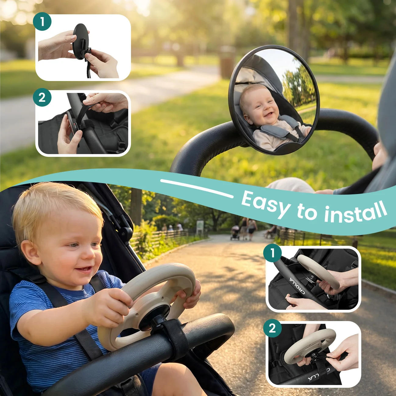 2Pcs Baby Stroller Steering Wheel and Adjustable Stroller Mirror Set, 360 Rotation Pretend Driving Toy with Horn Sound,