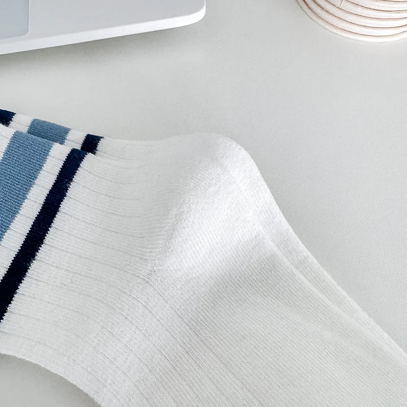 Four Pairs of Children's Socks for Spring and Autumn, Striped Versatile Style, Mid-Calf Socks with a School Style.