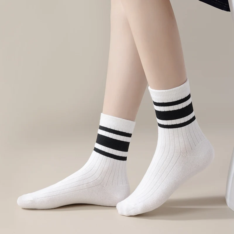 Four Pairs of Children's Socks for Spring and Autumn, Striped Versatile Style, Mid-Calf Socks with a School Style.