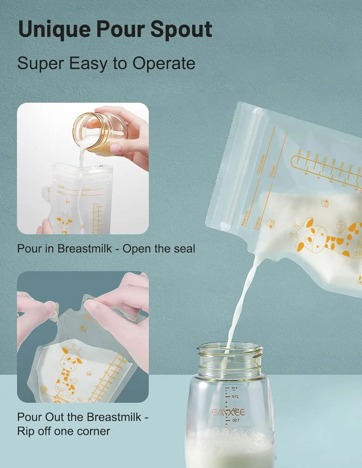 250ml 100pcs Breastmilk Storage Bag Self Standing Baby Food Storage Containers No Leak Milk Freezer Bags Safe Feed BPA Free
