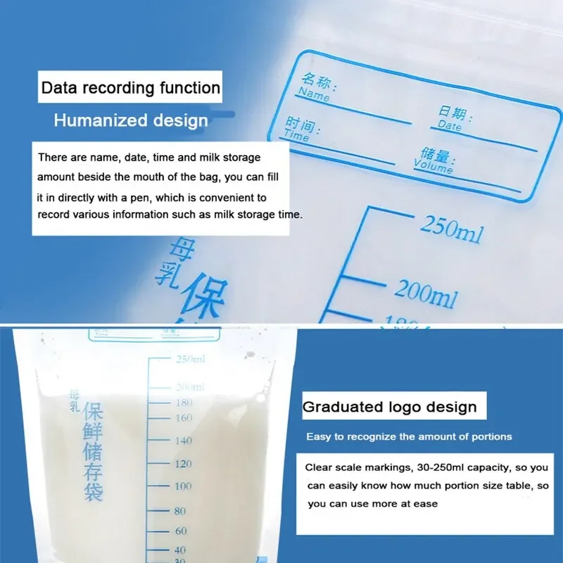 Breastmilk Storage Bag with 250ml Self Standing Baby Food Storage Containers No Leak Milk Freezer Bags Safe Feed BPA Free 30pcs