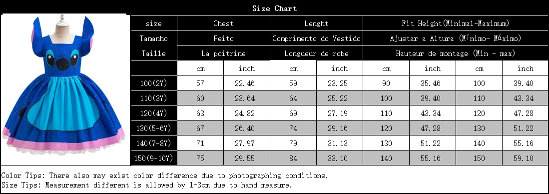 Cartoon Cute Movie Stittch Dress for Girls Role Playing Costume Stage Performance Halloween Carnival Children's Dress Up Gifts