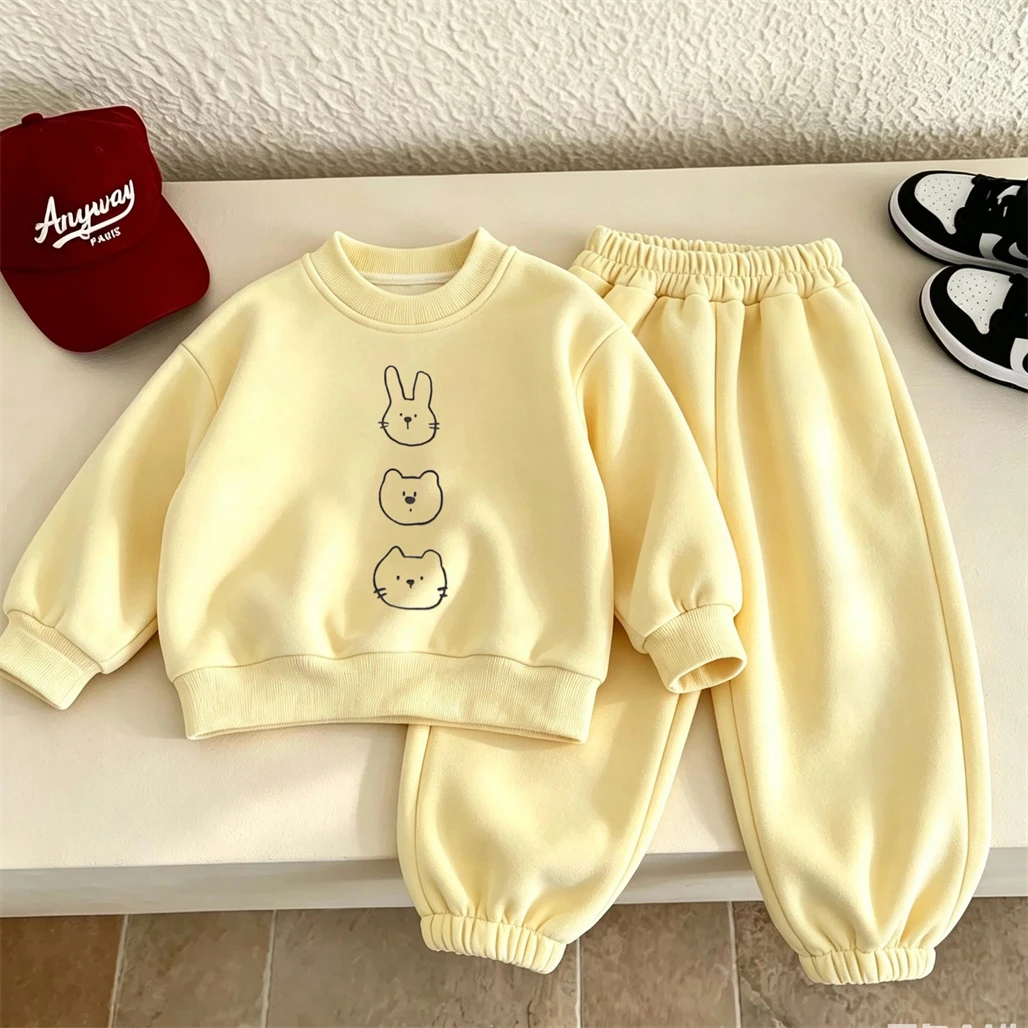 Pink Yellow Beige Suits Girls Autumn Clothing Printed Sweatshirts Loose Pants Infant Cute Round Neck Hoodies Solid Color Pants