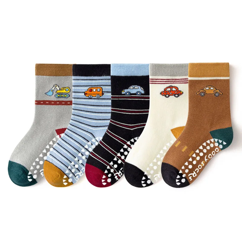 5 Pairs Children Non-Slip Socks Cute Cartoon Car Bus Excavator Stripe Pattern Comfortable Breathable Kids Baby Boys Floor Socks