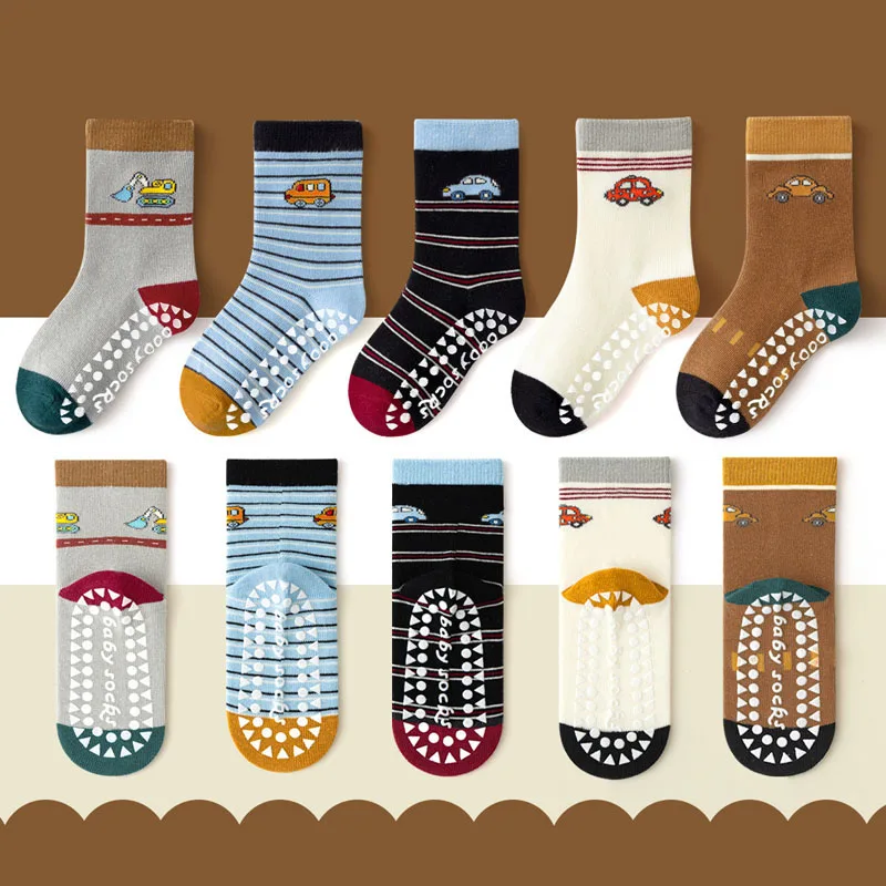 5 Pairs Children Non-Slip Socks Cute Cartoon Car Bus Excavator Stripe Pattern Comfortable Breathable Kids Baby Boys Floor Socks