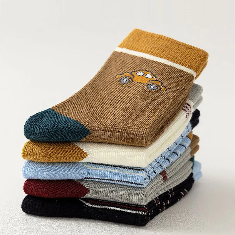 5 Pairs Children Non-Slip Socks Cute Cartoon Car Bus Excavator Stripe Pattern Comfortable Breathable Kids Baby Boys Floor Socks