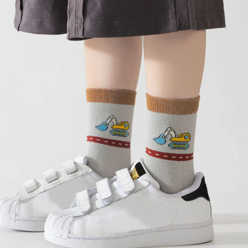 5 Pairs Children Non-Slip Socks Cute Cartoon Car Bus Excavator Stripe Pattern Comfortable Breathable Kids Baby Boys Floor Socks