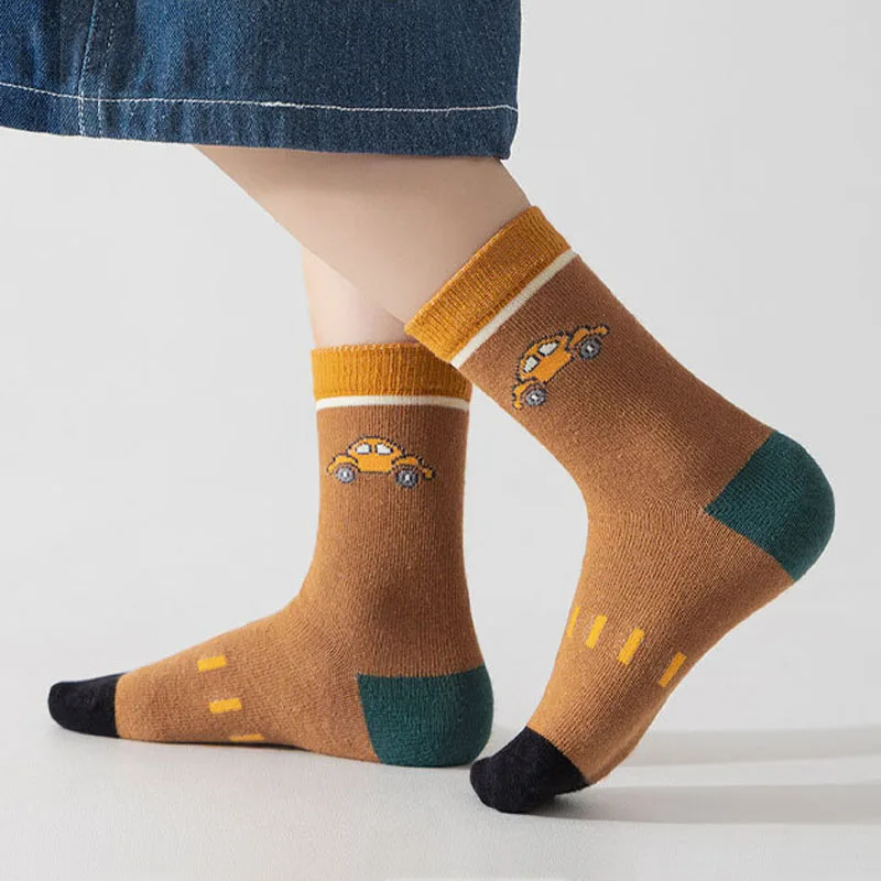 5 Pairs Children Non-Slip Socks Cute Cartoon Car Bus Excavator Stripe Pattern Comfortable Breathable Kids Baby Boys Floor Socks