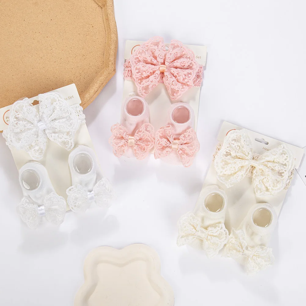 3Pcs/Set Cream Lace Baby Headbands&Socks Newborn Princess Girls Wide Rhinstone Pearl Eastic Hairbands Kids Headwear Photo Props