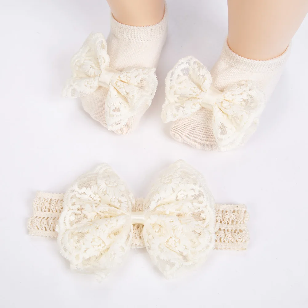 3Pcs/Set Cream Lace Baby Headbands&Socks Newborn Princess Girls Wide Rhinstone Pearl Eastic Hairbands Kids Headwear Photo Props