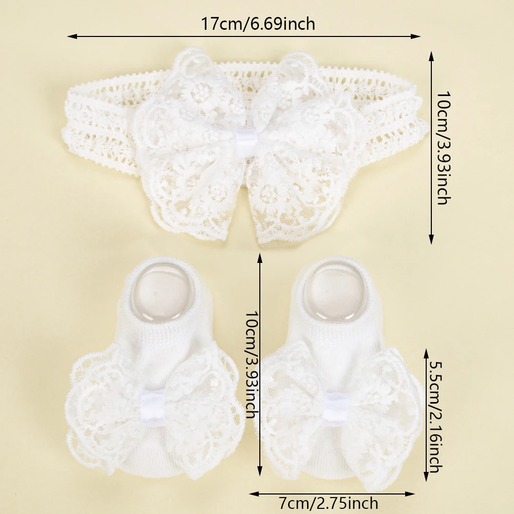 3Pcs/Set Cream Lace Baby Headbands&Socks Newborn Princess Girls Wide Rhinstone Pearl Eastic Hairbands Kids Headwear Photo Props