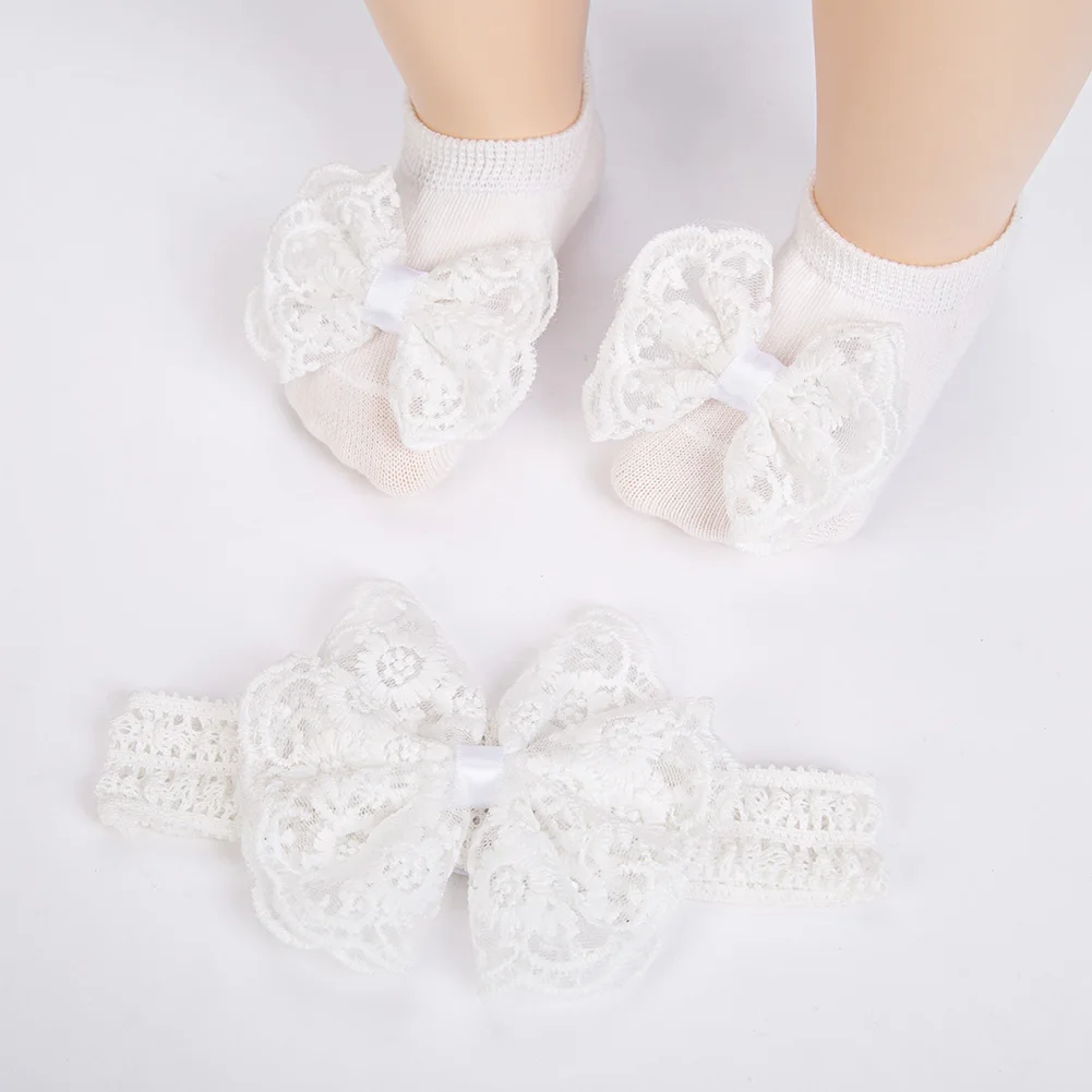 3Pcs/Set Cream Lace Baby Headbands&Socks Newborn Princess Girls Wide Rhinstone Pearl Eastic Hairbands Kids Headwear Photo Props
