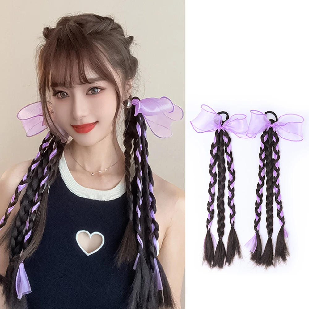 1PC Colorful Bow Wig Braids Hair Rings Ponytail Sweet Cool Twist Long Braids Hair Tie For Girls Women