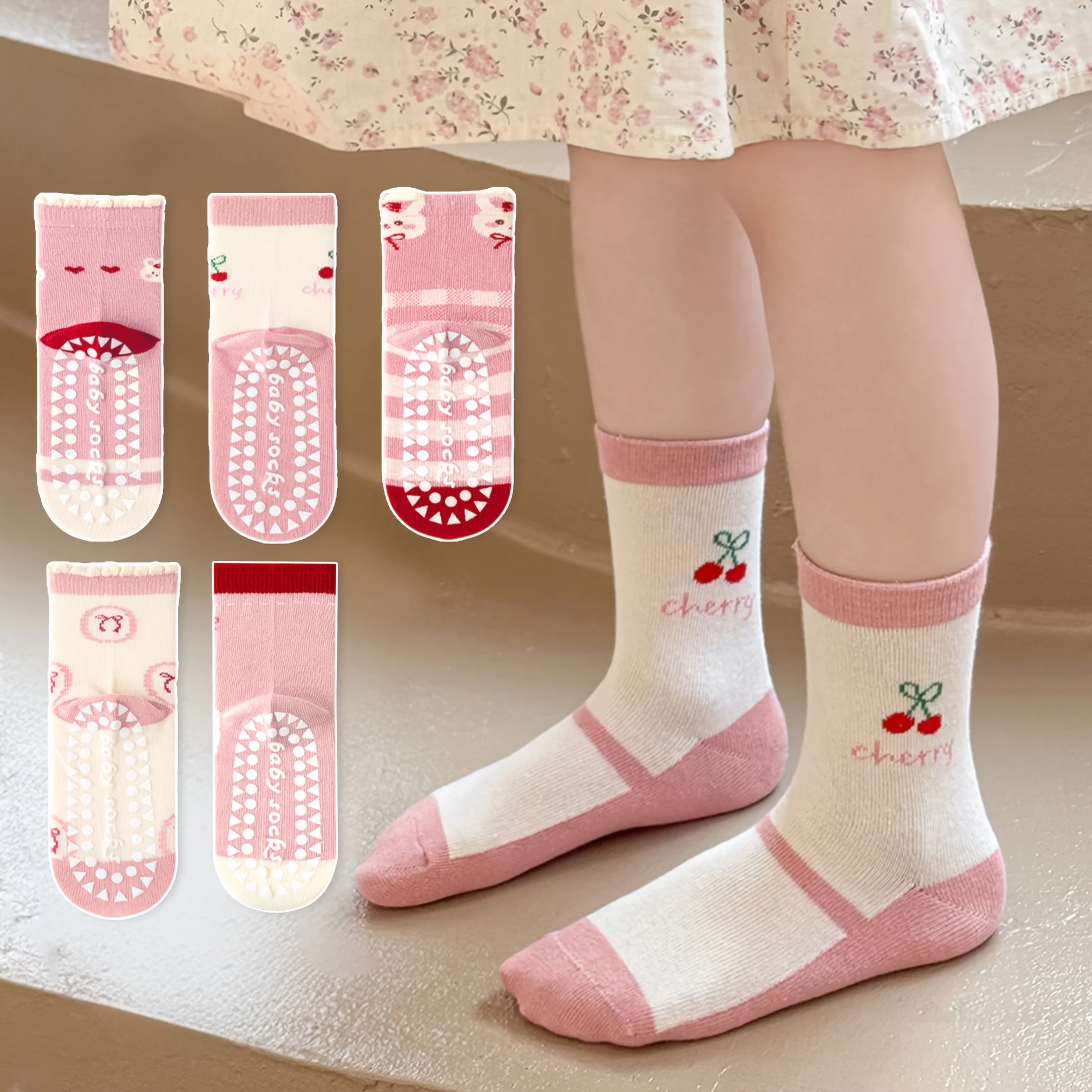 5-Pack Children's Floor Socks with Pink Bow and Bunny Pattern, Non-Slip Soft Sole Indoor Socks for Girls, Babies, and Toddlers, Featuring Cherry Fruit and Letter Designs, Suitable for Casual Daily Life