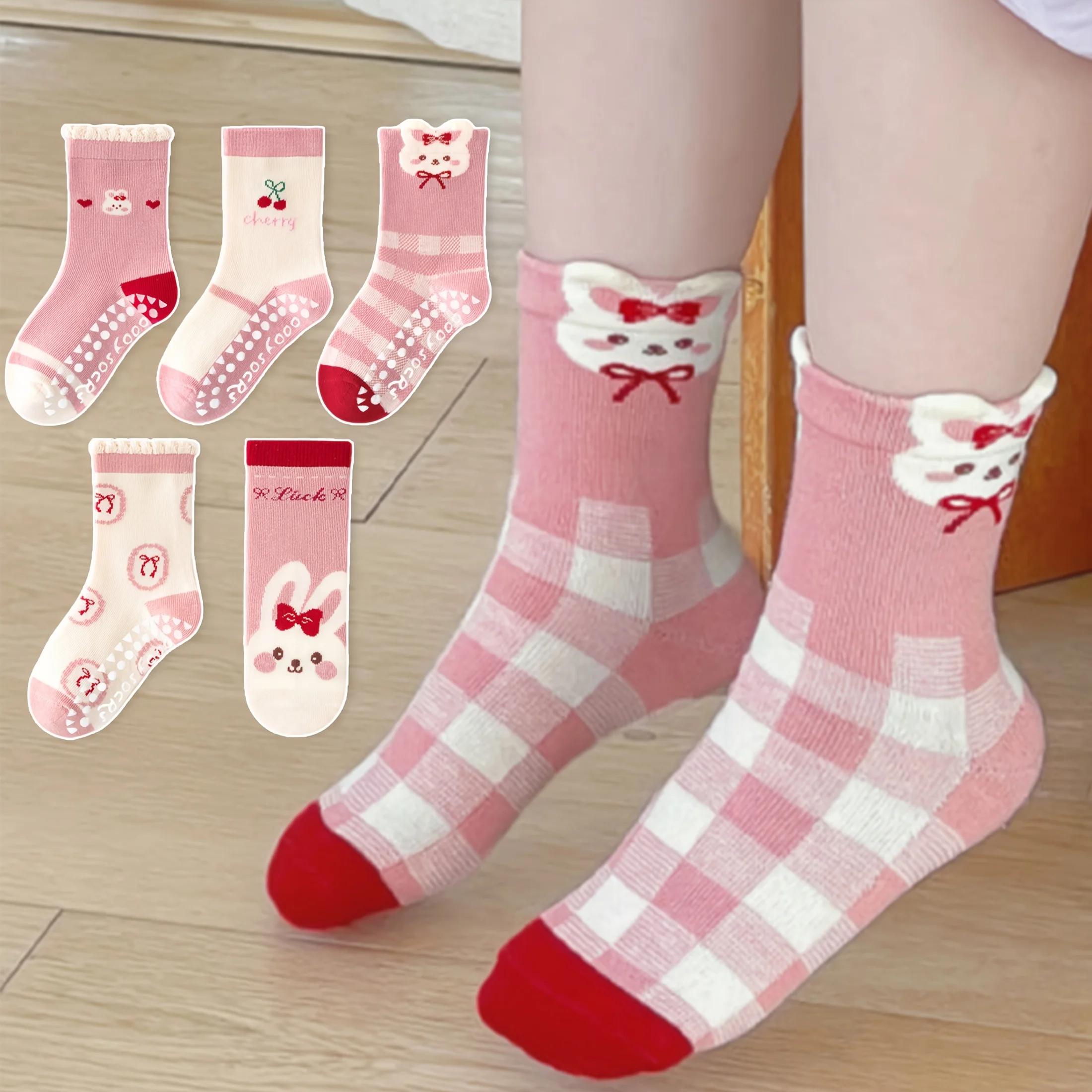 5-Pack Children's Floor Socks with Pink Bow and Bunny Pattern, Non-Slip Soft Sole Indoor Socks for Girls, Babies, and Toddlers, Featuring Cherry Fruit and Letter Designs, Suitable for Casual Daily Life