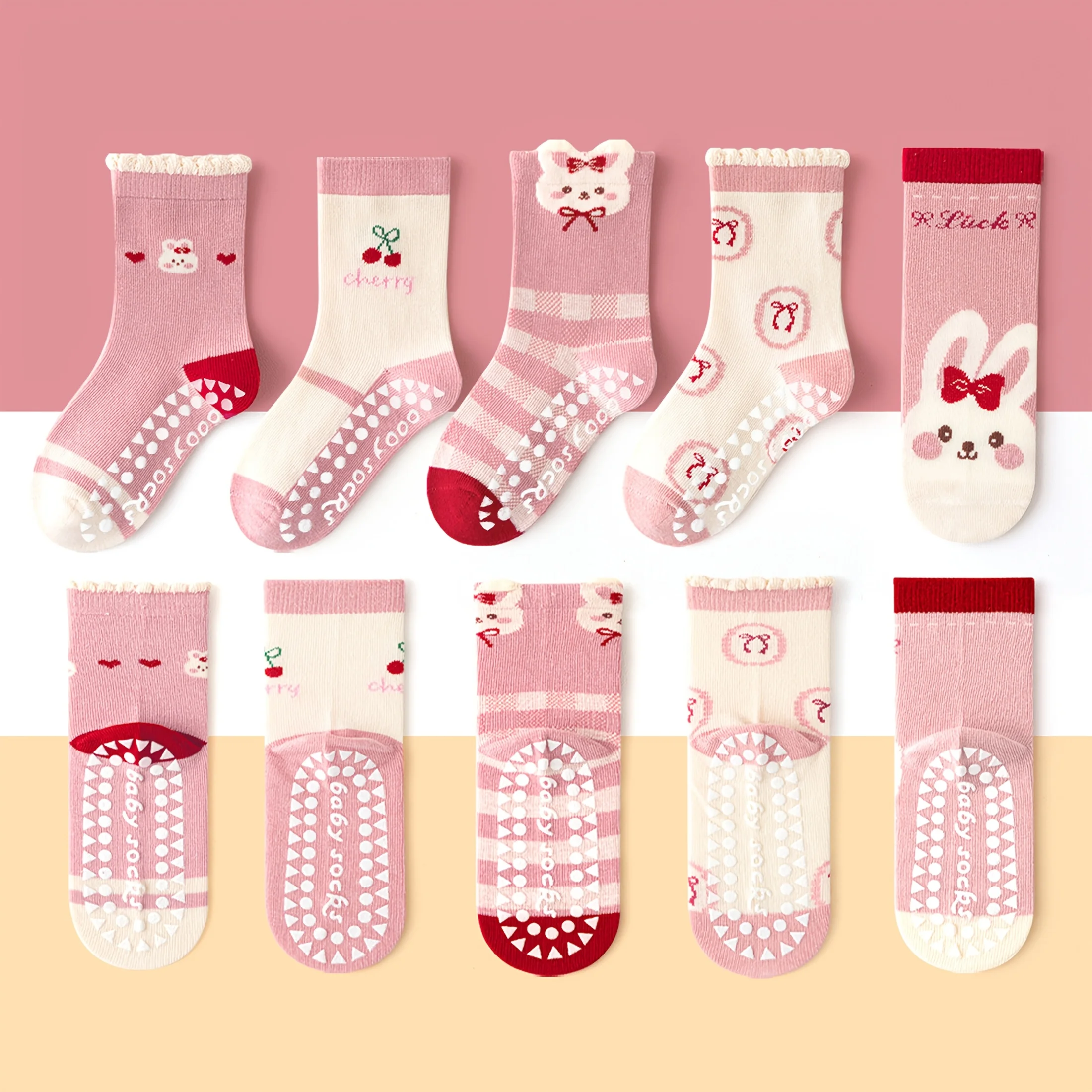 5-Pack Children's Floor Socks with Pink Bow and Bunny Pattern, Non-Slip Soft Sole Indoor Socks for Girls, Babies, and Toddlers, Featuring Cherry Fruit and Letter Designs, Suitable for Casual Daily Life