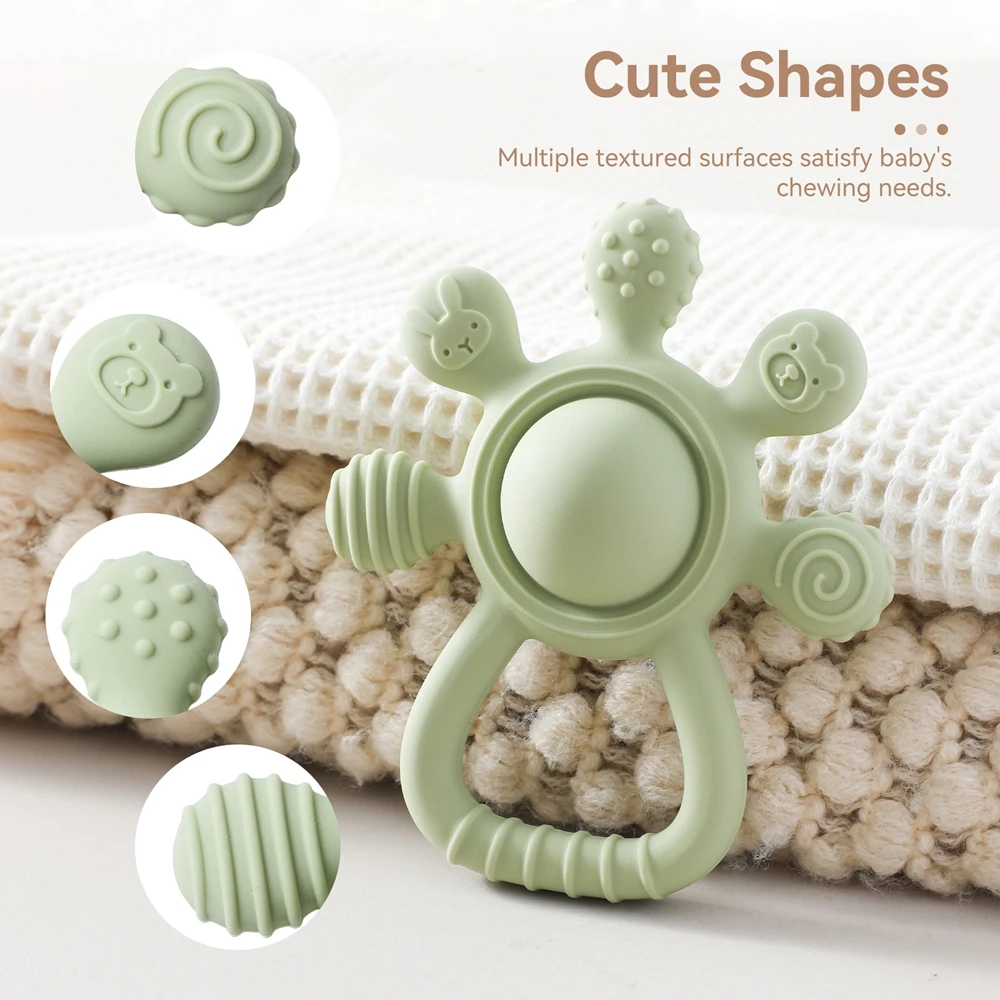 BPA Free Silicone Teether Food Grade Baby 0-12 Toys Teething Rattle Sensory Toys for Toddlers Silicone Hand Bell Soothing Toys
