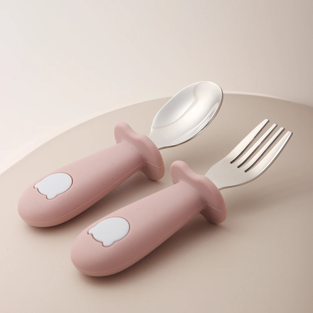 Baby Panda Shape Silicone Spoon and Fork Stainless Steel Baby Feeding Spoon