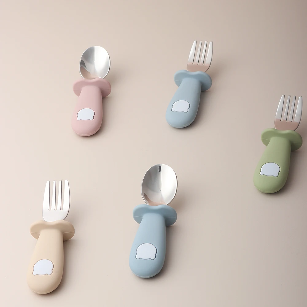 Baby Panda Shape Silicone Spoon and Fork Stainless Steel Baby Feeding Spoon
