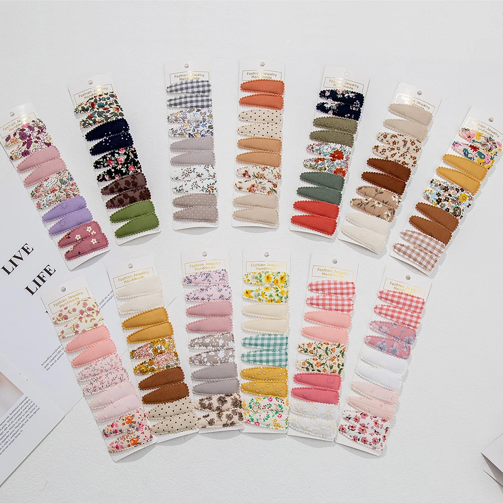10Pcs/Lot Ins 6cm Flower Print Cotton Alloy Hair Bow Snap Clips Set Fabric Plaid Bobby Hairpins Hairgrips Girls Kids Headwear