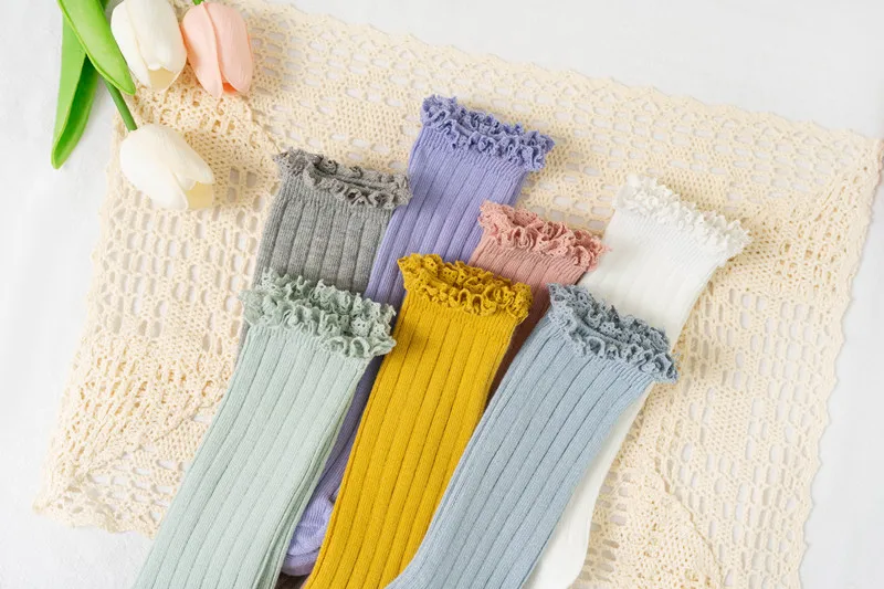 Ruffle Kids Knee High Socks Baby Girls Toddlers Long Soft Cotton Sock Lace Flower Children School Uniform Socks For 0-8 Years