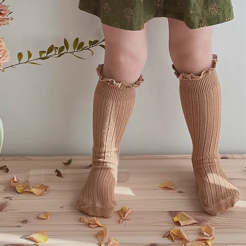 Ruffle Kids Knee High Socks Baby Girls Toddlers Long Soft Cotton Sock Lace Flower Children School Uniform Socks For 0-8 Years