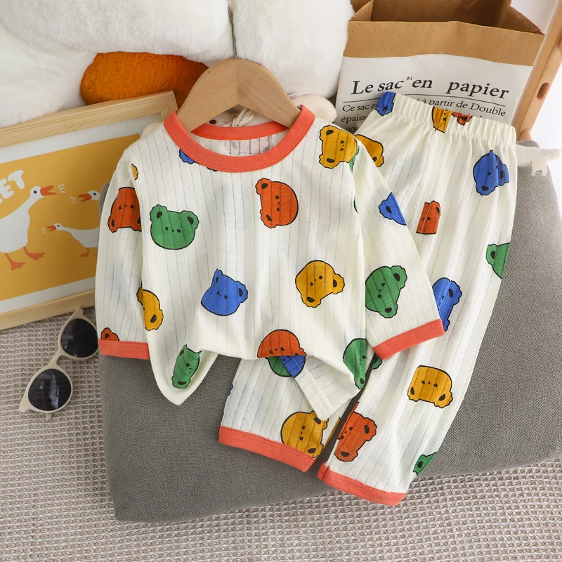 Cute Bear Print Baby Clothing Set Children Long Sleeve+ Pants Two Pieces Suit Kids Cotton Pullover Top Tee Girl Boy Casual