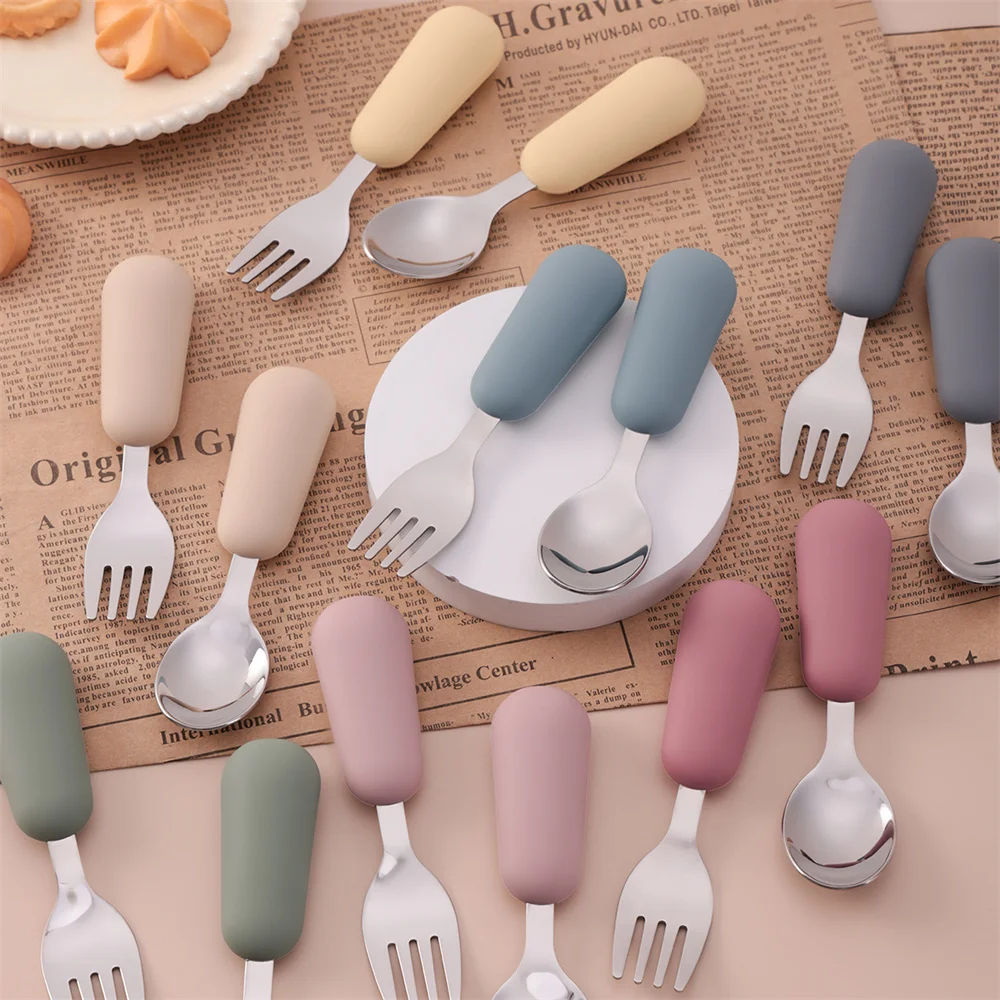 Color Kids 2PCS Stainless Steel Fork Spoon Baby Feeding Set Eco Friendly Toddler Utensil BPA Free Kids Dinnerware Baby Stuff