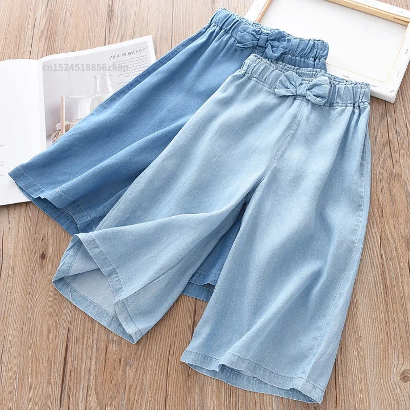New Fashion Children Wide Leg Pants Summer Casual Thin Chiffon Cropped Trousers For Teenager Girls Clothes 2 4 6 8 10 Years