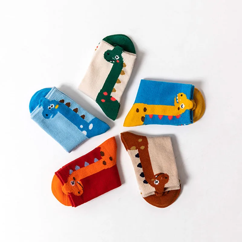 5 Pairs Kids Socks Cartoon Dinosaur Pattern Comfortable Children Socks For Boys And Girls
