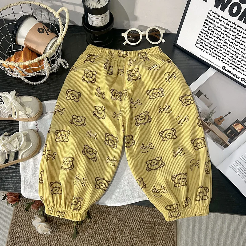 Spring Printed Casual Sweatpants 1-7Y Kids Girls Boys Corduroy Pants Loose Balloon Leg Design Soft Children Trousers Clothes
