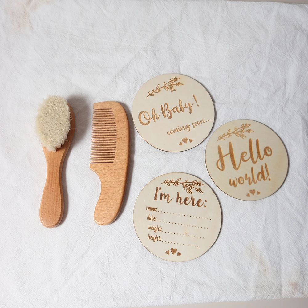 Baby Comb Brush Set Newborn Gift Set Natural Wool Beech Wooden Comb Baby Bib Pacifier Clip Kids Baby Hair Brush