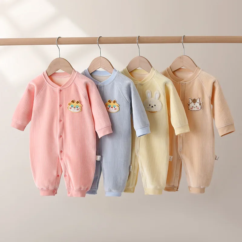 Winter Baby Jumpsuit Long Sleeves and Long Pants Warm Double-faced Fleece Cartoon Design for Boys Girls Bodysuit