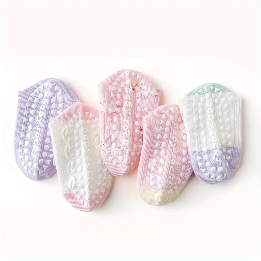 5 Pairs of Kidsren's Floor Socks with Lace Glue, Heart Unicorn Pattern, Boys and Girls, Baby Toddler Soft-Soled Shoes, Indoor Non-Slip Rainbow Pony Mid-Calf Socks, Suitable for Casual Daily Life