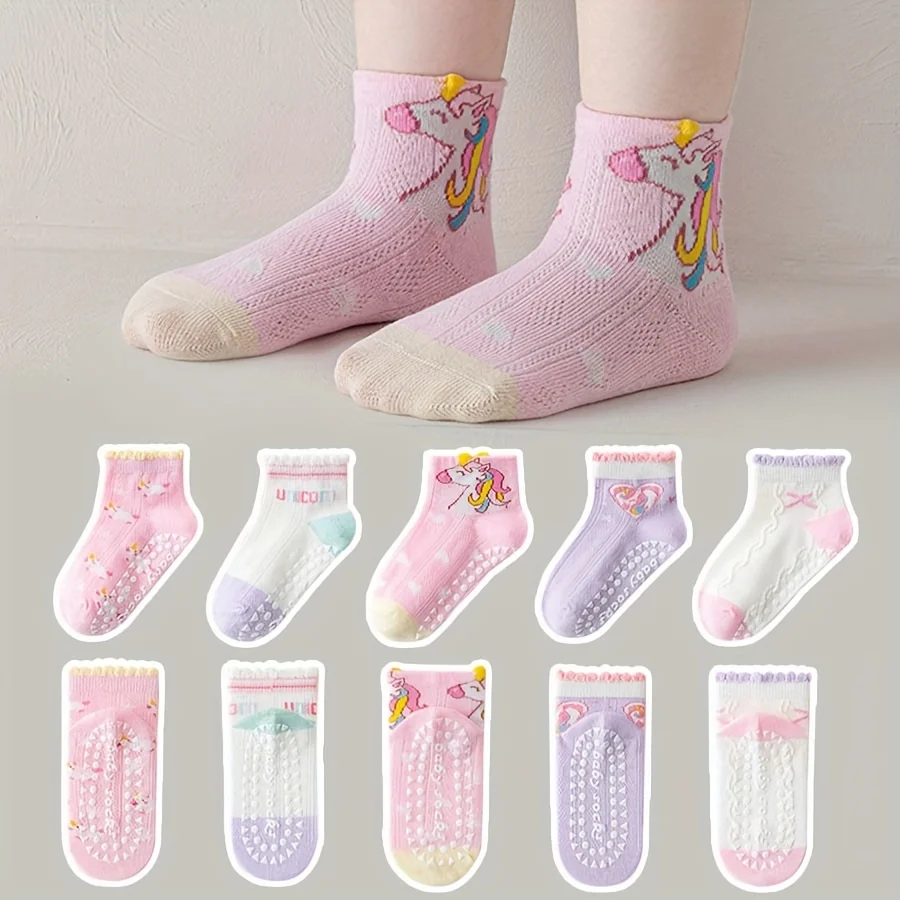 5 Pairs of Kidsren's Floor Socks with Lace Glue, Heart Unicorn Pattern, Boys and Girls, Baby Toddler Soft-Soled Shoes, Indoor Non-Slip Rainbow Pony Mid-Calf Socks, Suitable for Casual Daily Life