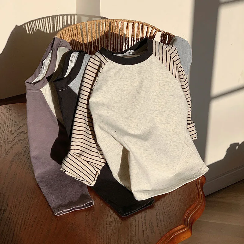 Kids Striped Long Sleeves T-shirt Toddler Girl Loose Bottoming Shirt Boy Baby Casual Tops Fashion Children Cotton Tees