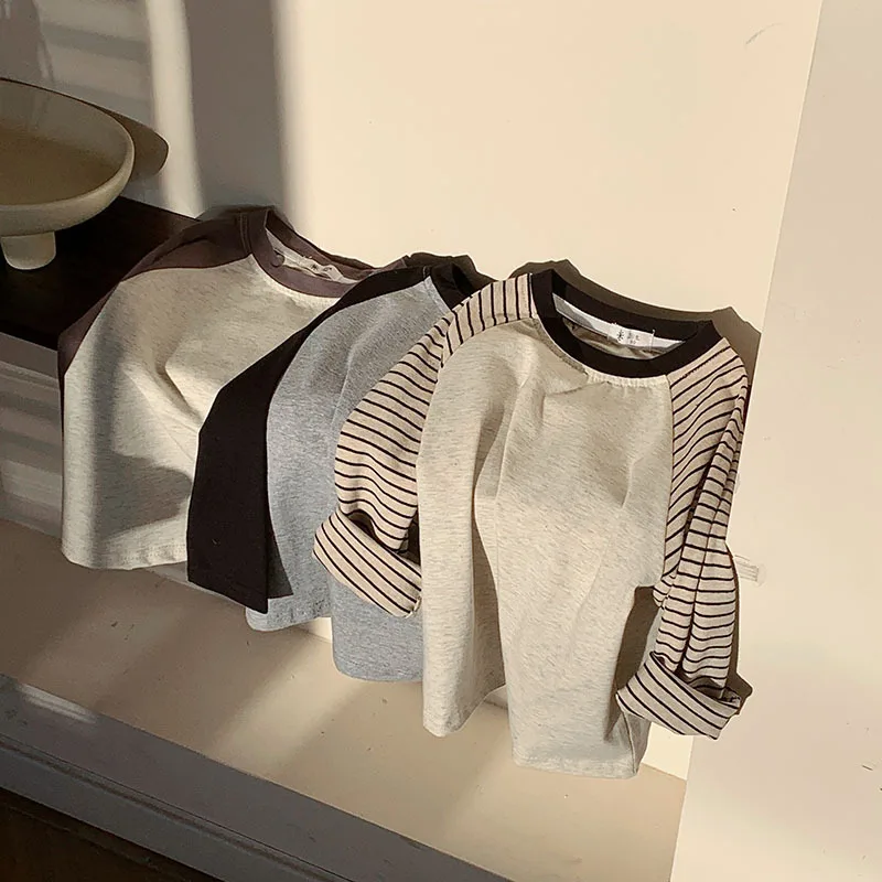 Kids Striped Long Sleeves T-shirt Toddler Girl Loose Bottoming Shirt Boy Baby Casual Tops Fashion Children Cotton Tees