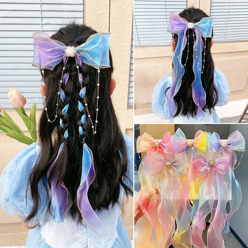 Children's Hairbands, Girls' rainbow Bows, Braided Hair Clips, Headwear, Princess Ponytails, Ribbons, Hairpins