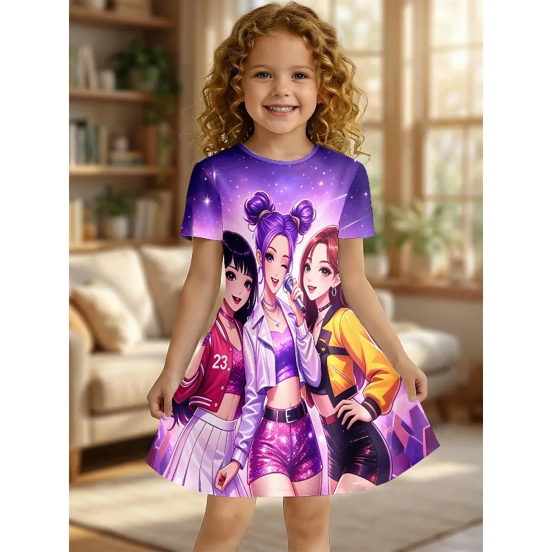 Girl K-Pop Star Group Printed Dress, Purple Galaxy Short Sleeved T-shirt Dress Suitable for Birthday Gifts and Parties